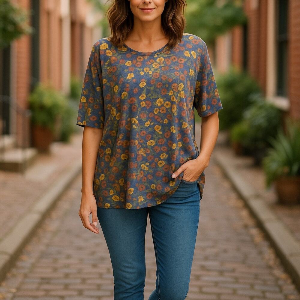 LuLaRoe Womens Top Size Large Green Blue Gold Irma Tunic Floral Shirt Hi Low NEW